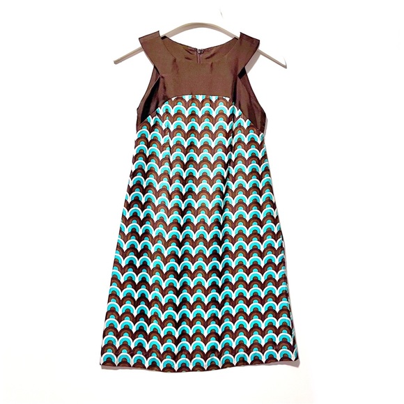 Milly of New York Vintage Silk Geometric Retro Shift Dress Grecian Collar Size 0 - Picture 1 of 11
